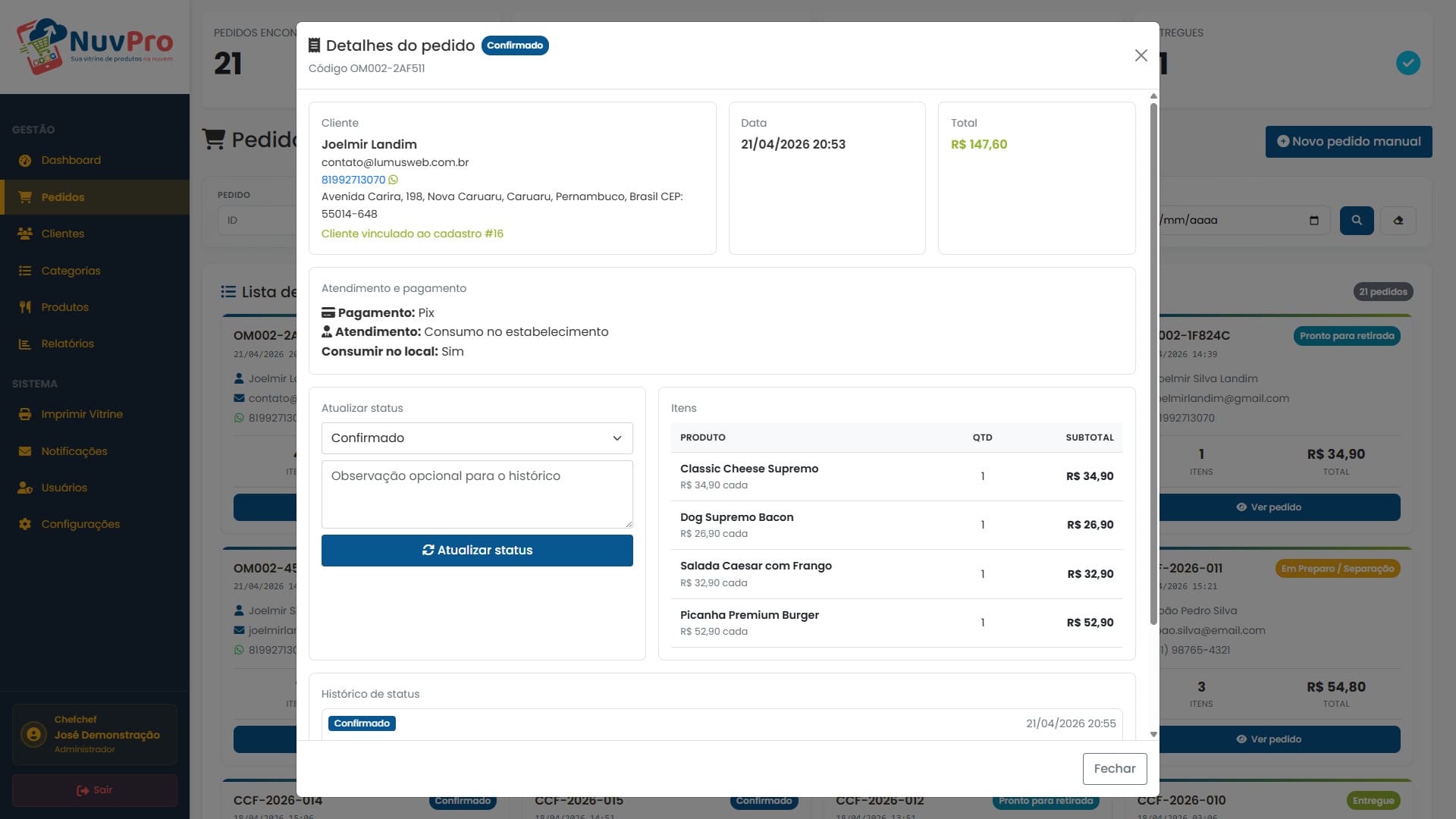 Painel admin - detalhes do pedido