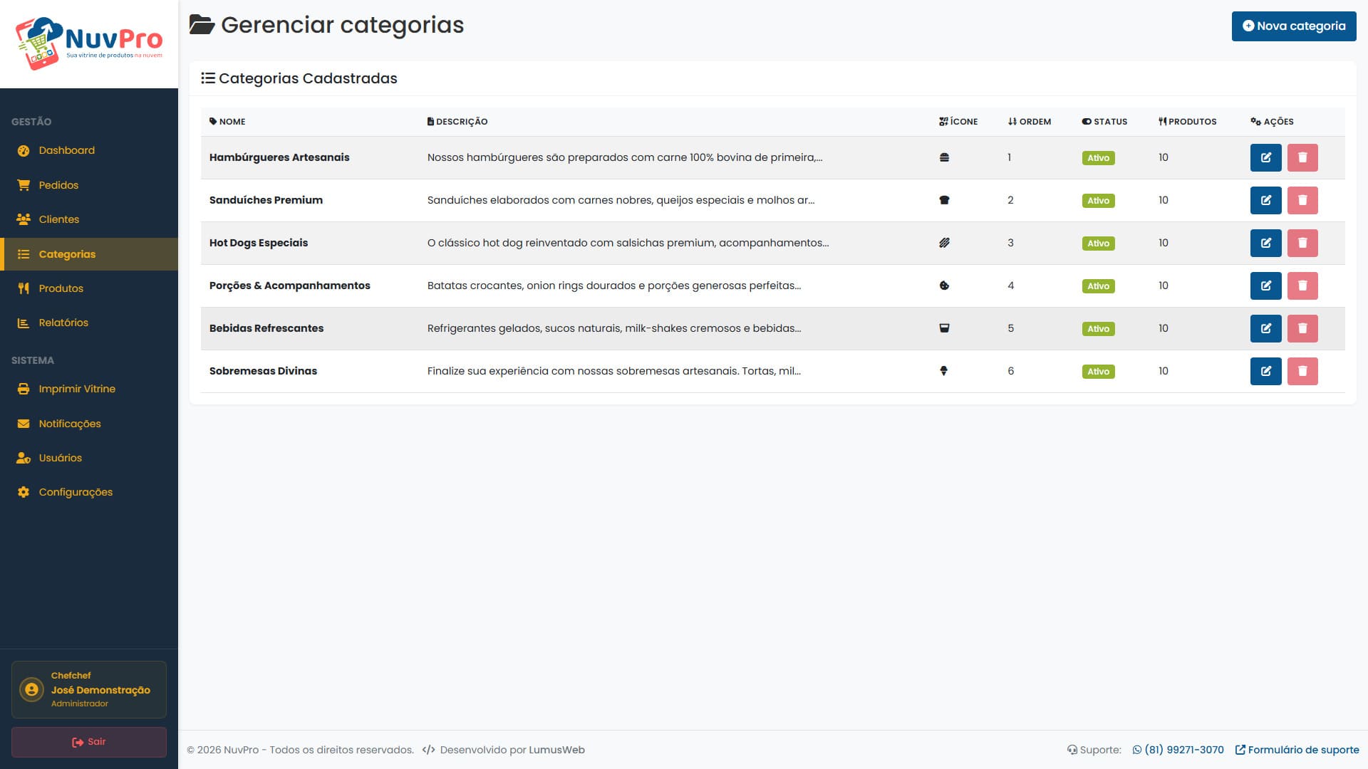 Painel admin - categorias