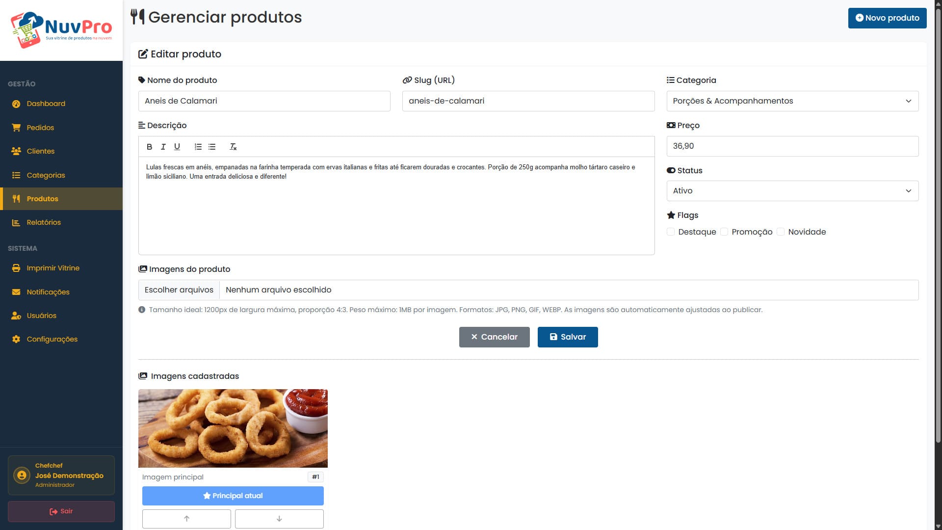 Painel admin - edição de produtos