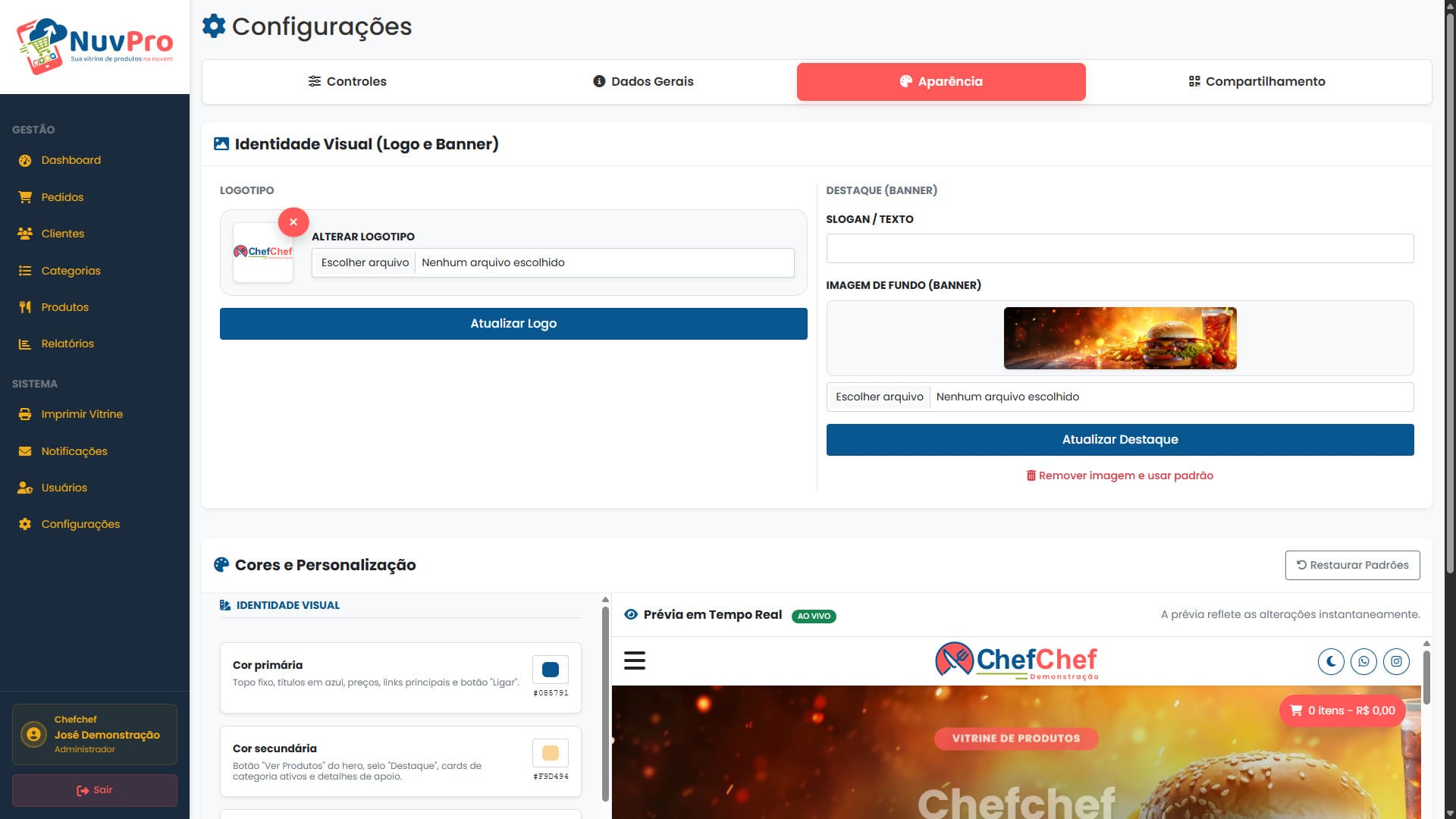 Painel admin - configurações de aparência visual