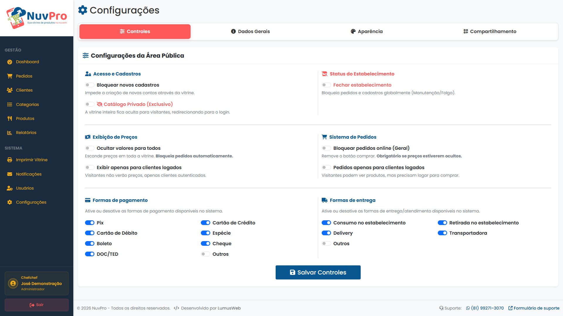 Painel admin - configurações de controles