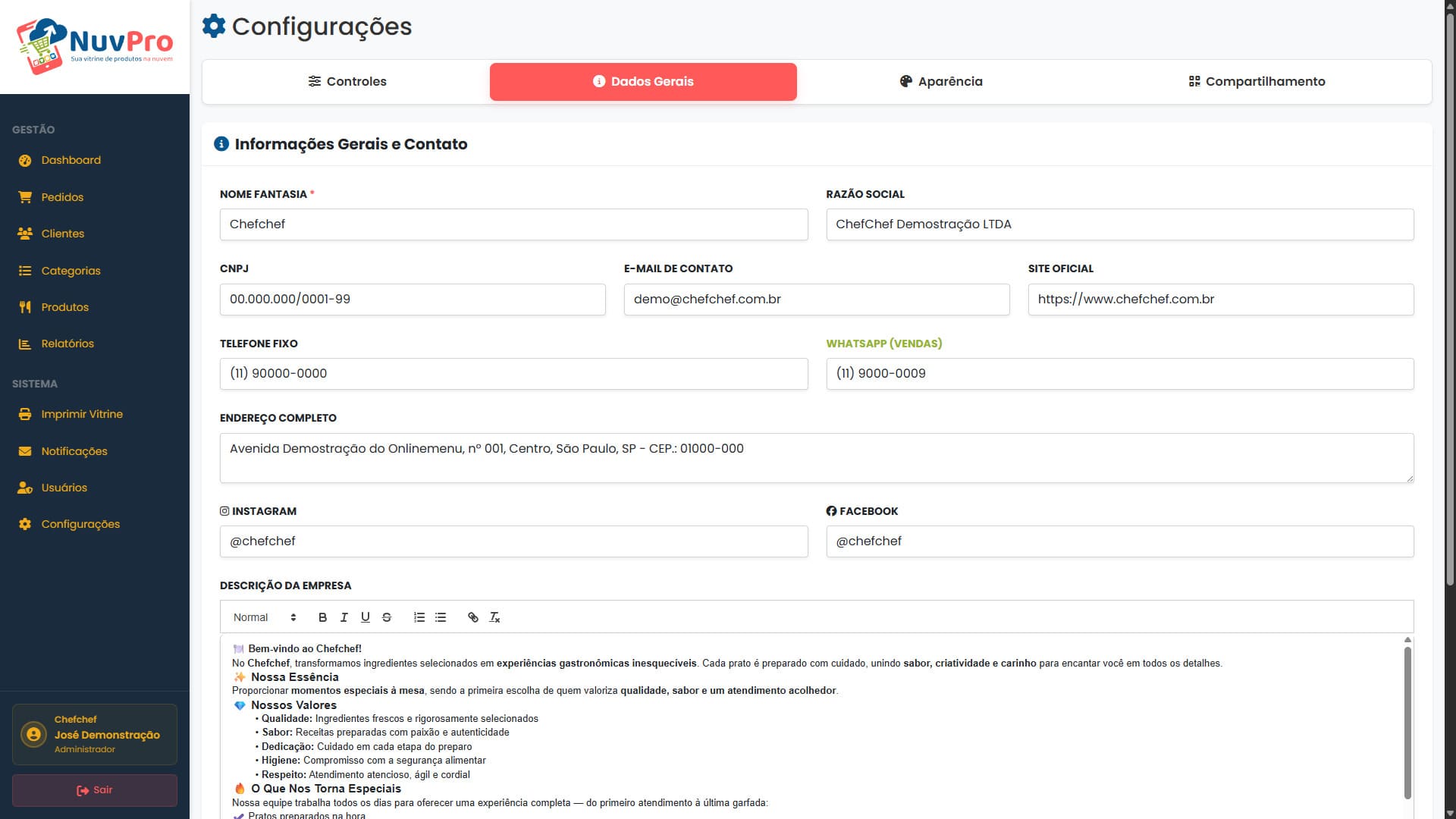 Painel admin - dados da empresa